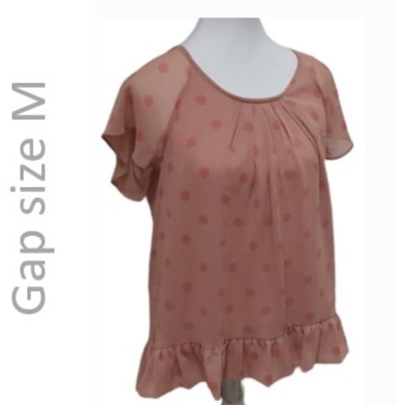 GAP Polka Dots Top Blouse Orange-ish Tan Red Sheer Blouse Flowy Short Sleeve - Picture 1 of 10